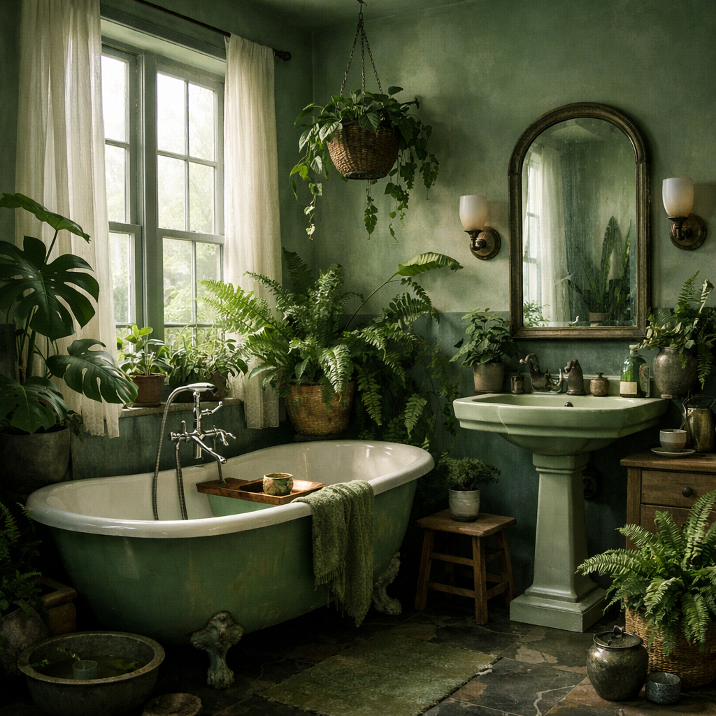 A moody green bathroom filled with plants and natural light.