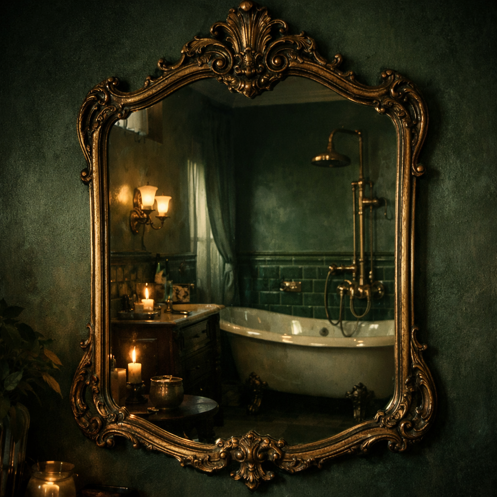 A vintage ornate mirror reflecting a moody green bathroom with candles, a bathtub, and elegant fixtures.