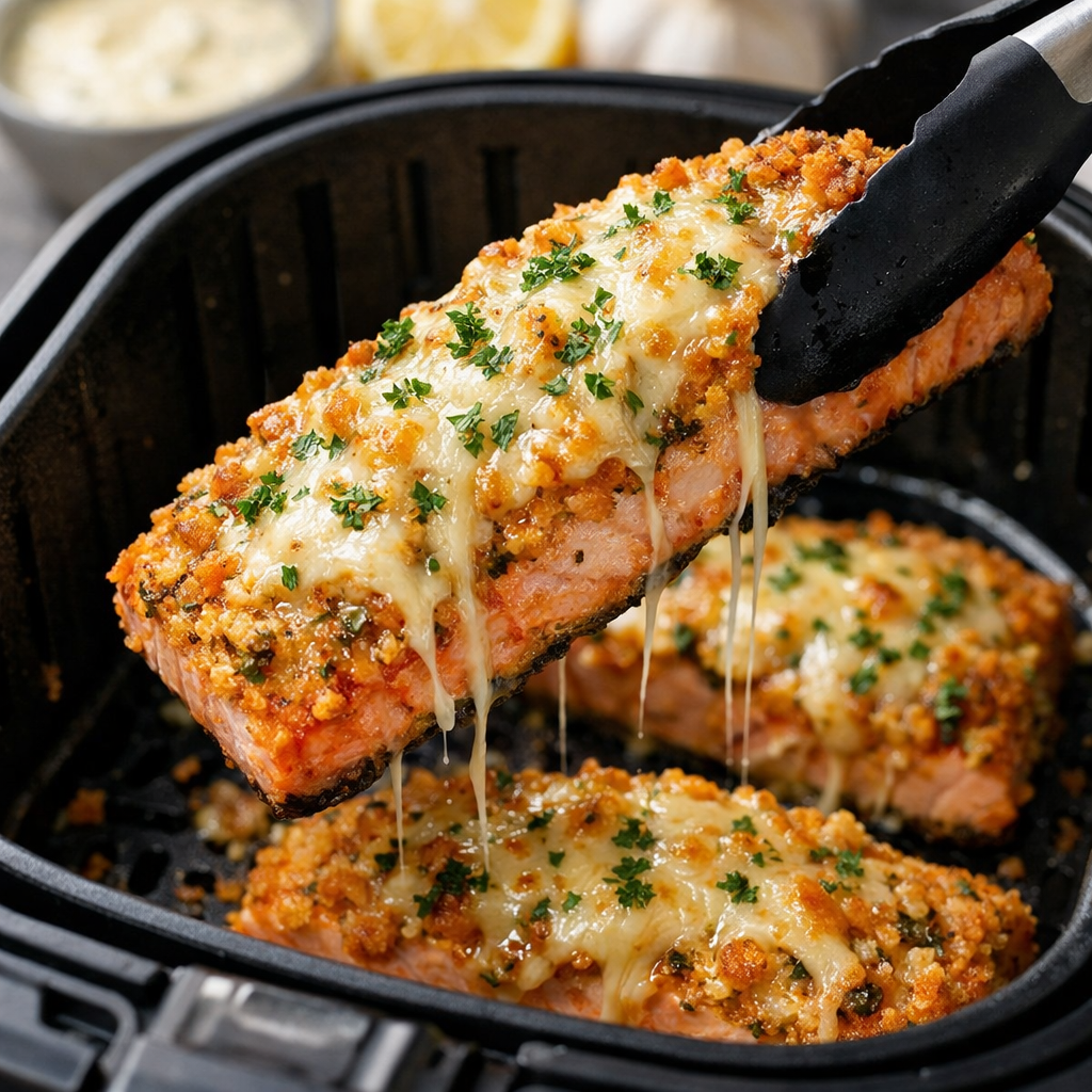 Air fryer salmon topped with garlic and Parmesan crust