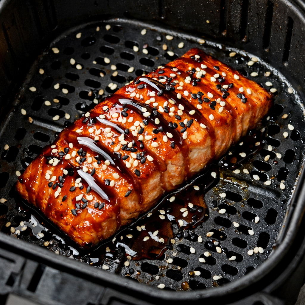 Honey soy glazed salmon in an air fryer, garnished with sesame seeds