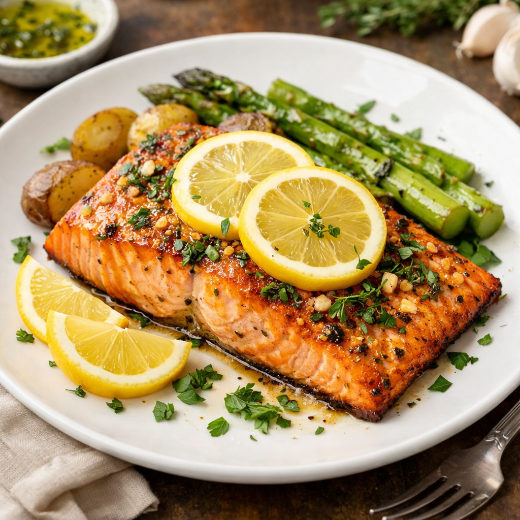 Plated lemon garlic air fryer salmon with asparagus and roasted potatoes, garnished with lemon slices and herbs.