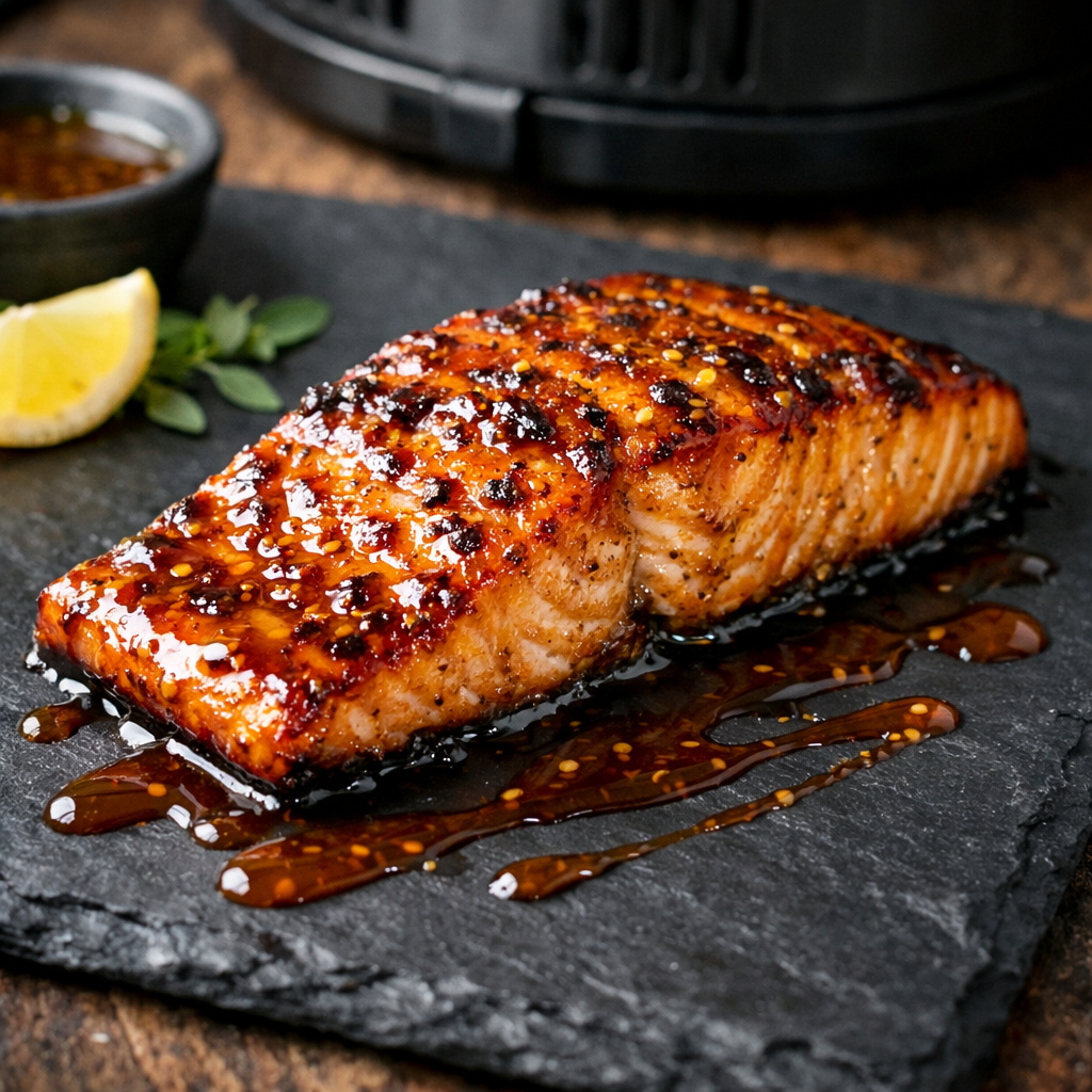 Delicious air-fried salmon glazed with maple mustard, served with a lemon wedge