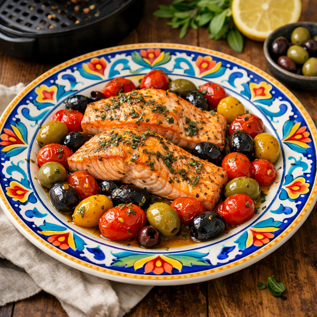 Mediterranean salmon with olives and tomatoes on a colorful plate