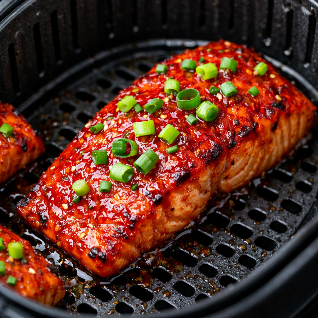 Air fryer salmon fillets coated in spicy Sriracha sauce, garnished with green onions.