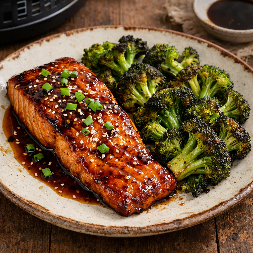 A serving of teriyaki salmon with broccoli on a rustic plate