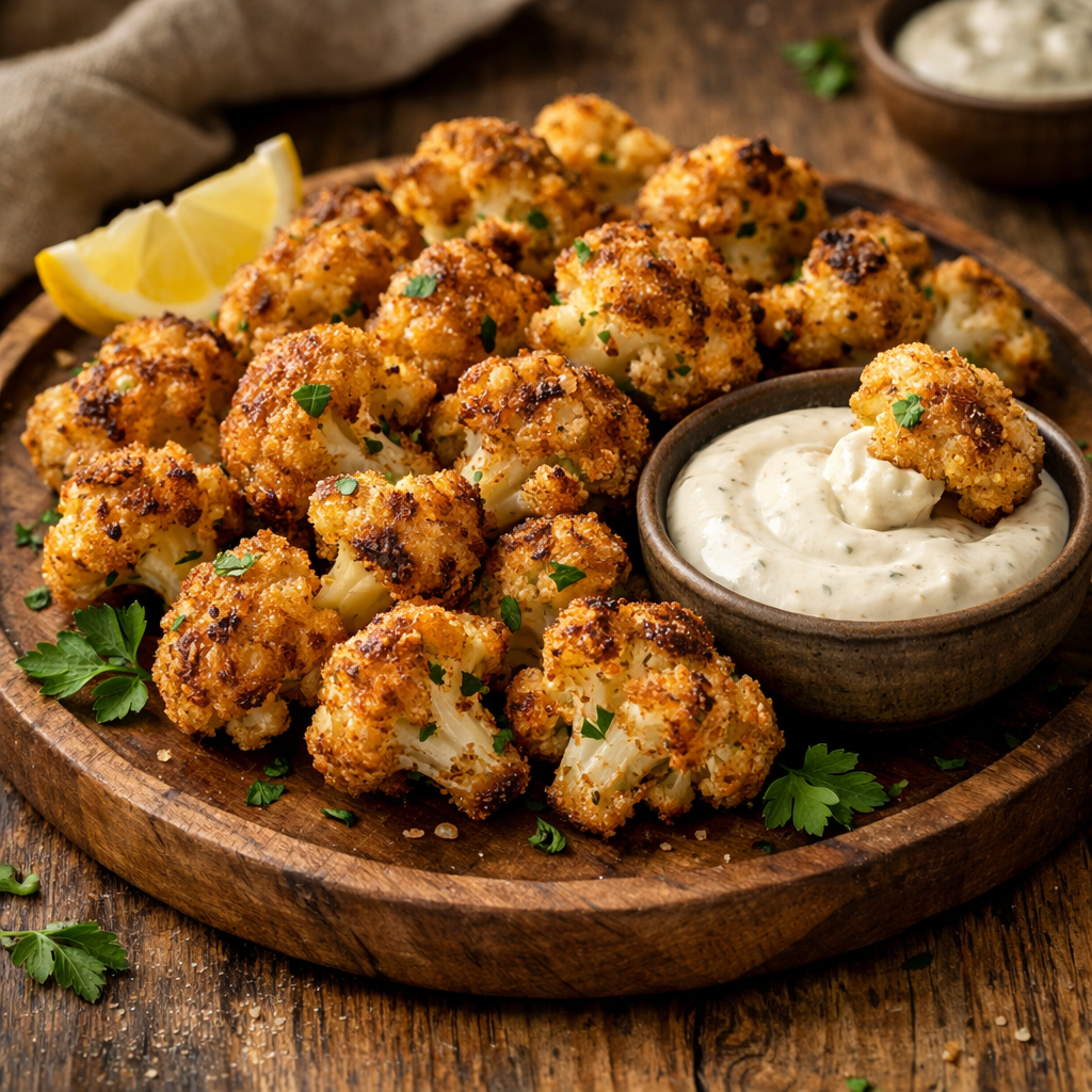 Crispy air fryer cauliflower bites served with dipping sauce and garnished with parsley.