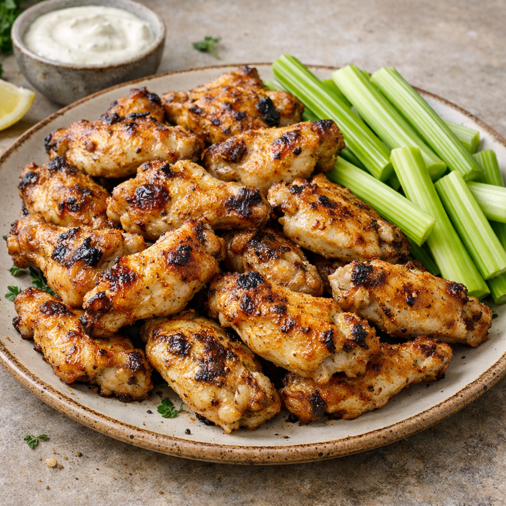 Air fryer Greek yogurt chicken wings served on a plate with celery sticks and dipping sauce.