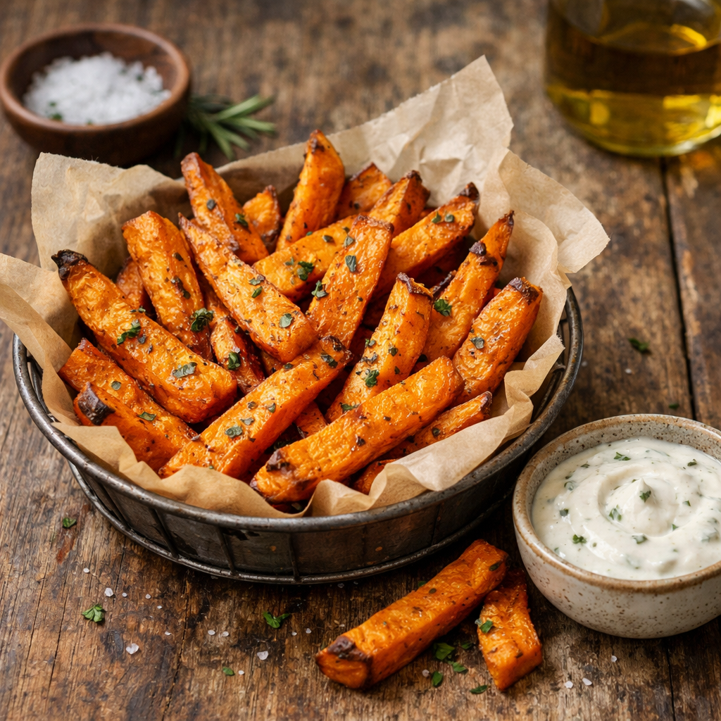 A bowl of crispy sweet potato fries with a creamy dip on the side