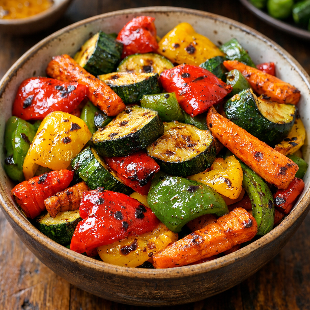 A bowl of colorful air-fried vegetable medley featuring red, yellow, and green bell peppers, zucchini, and carrots.