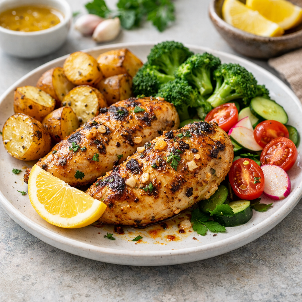 Plate of air fryer lemon garlic chicken with roasted potatoes and vegetables