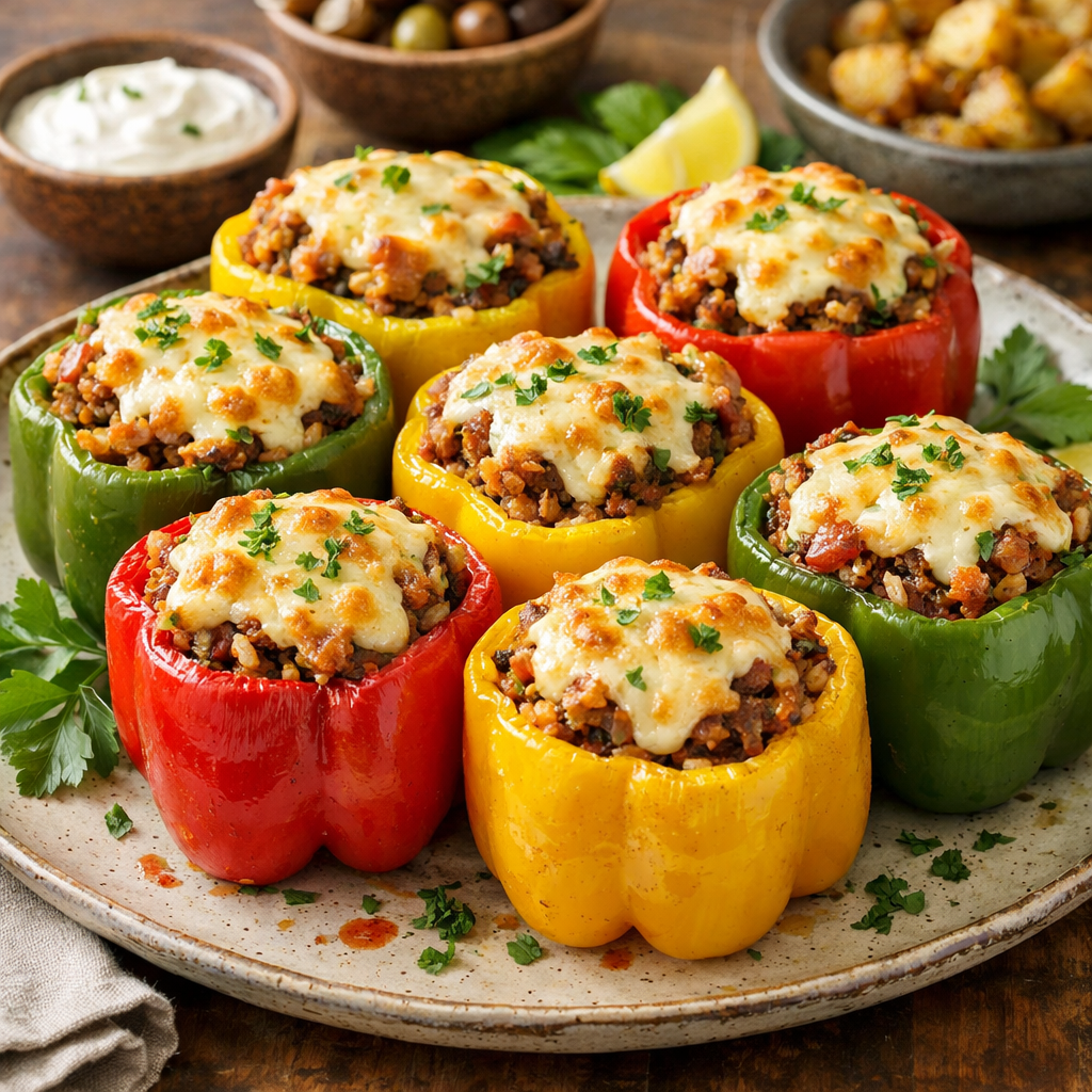 A plate of colorful stuffed bell peppers topped with cheese, served with a side of dipping sauce.