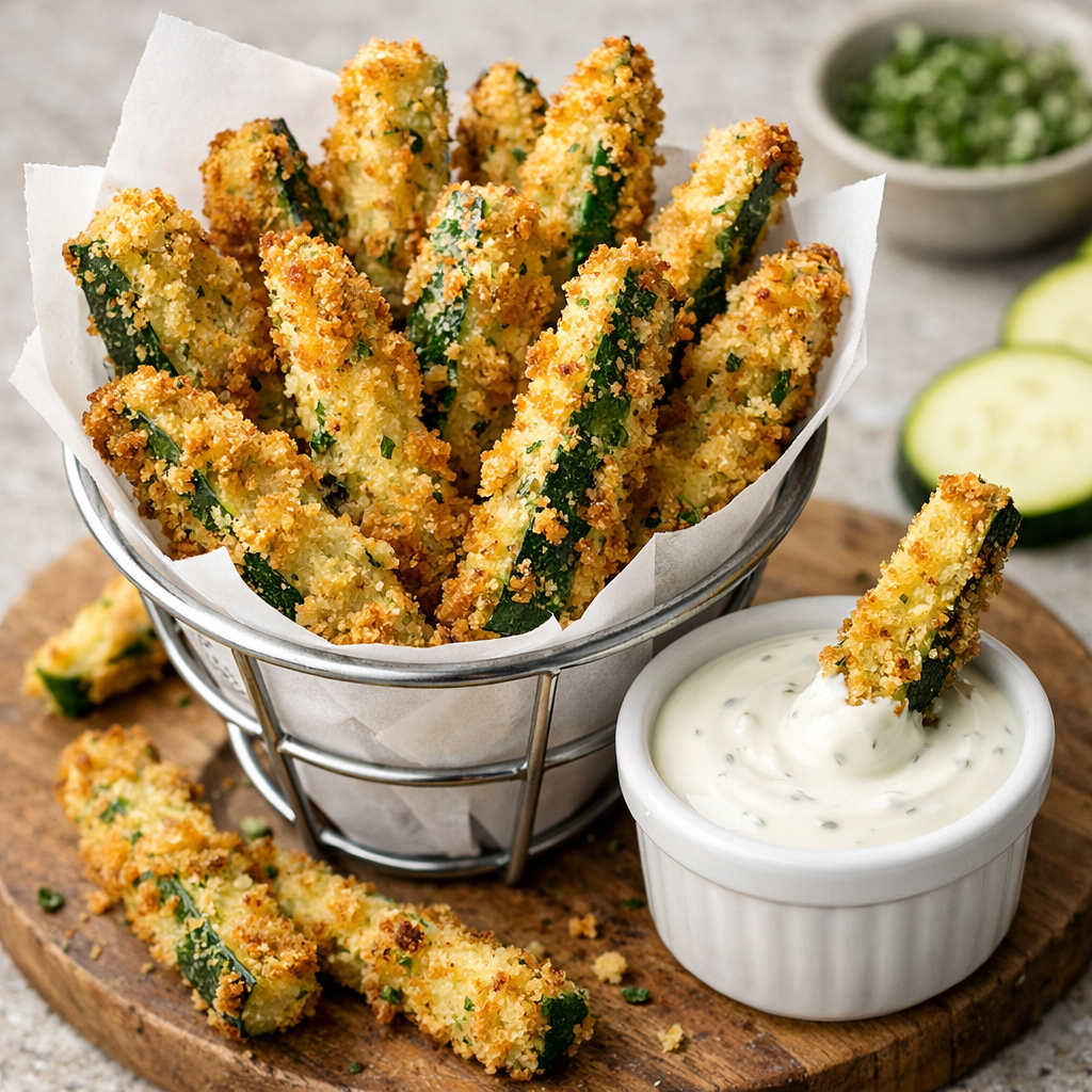 Bowl of crispy air fryer zucchini fries with a side of dipping sauce