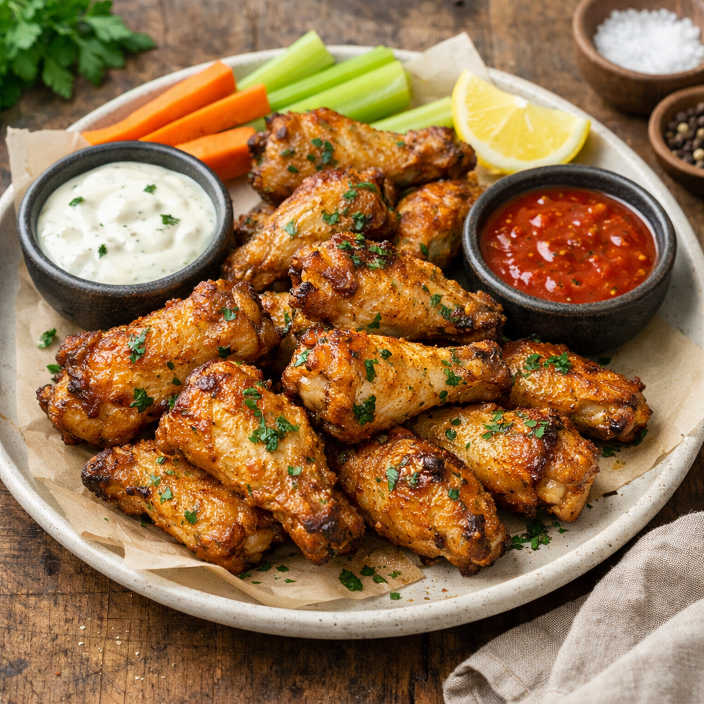A plate of crispy golden chicken wings with celery, carrots, and dipping sauces.