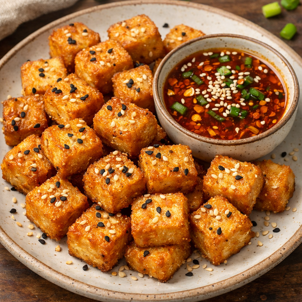 A plate of crispy air fryer tofu bites with dipping sauce.