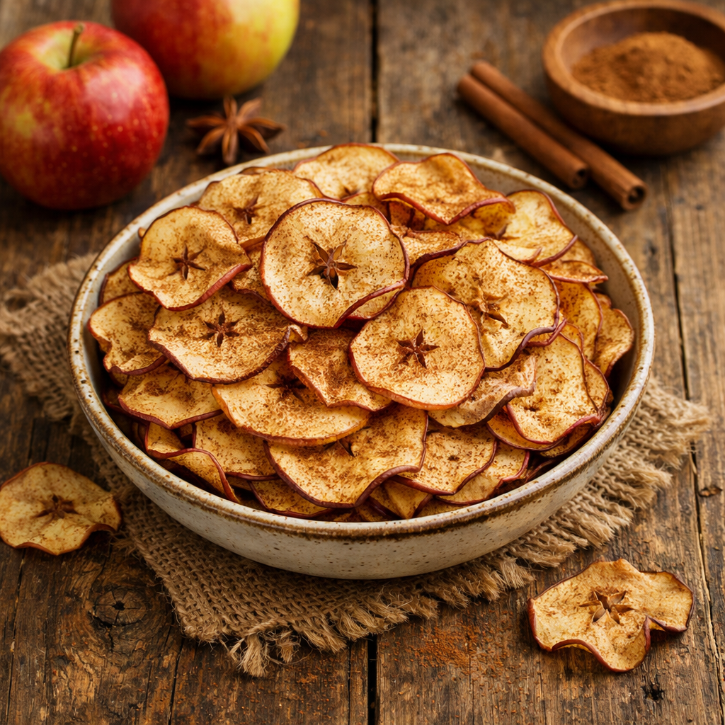 A bowl of crispy apple chips seasoned with cinnamon, surrounded by fresh apples and cinnamon sticks.
