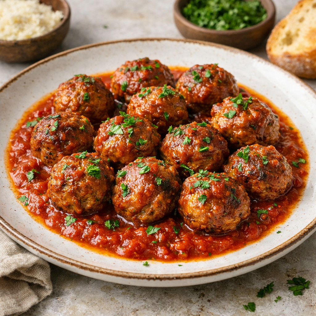 A plate of meatballs in marinara sauce garnished with parsley, with bowls of cheese and herbs in the background.