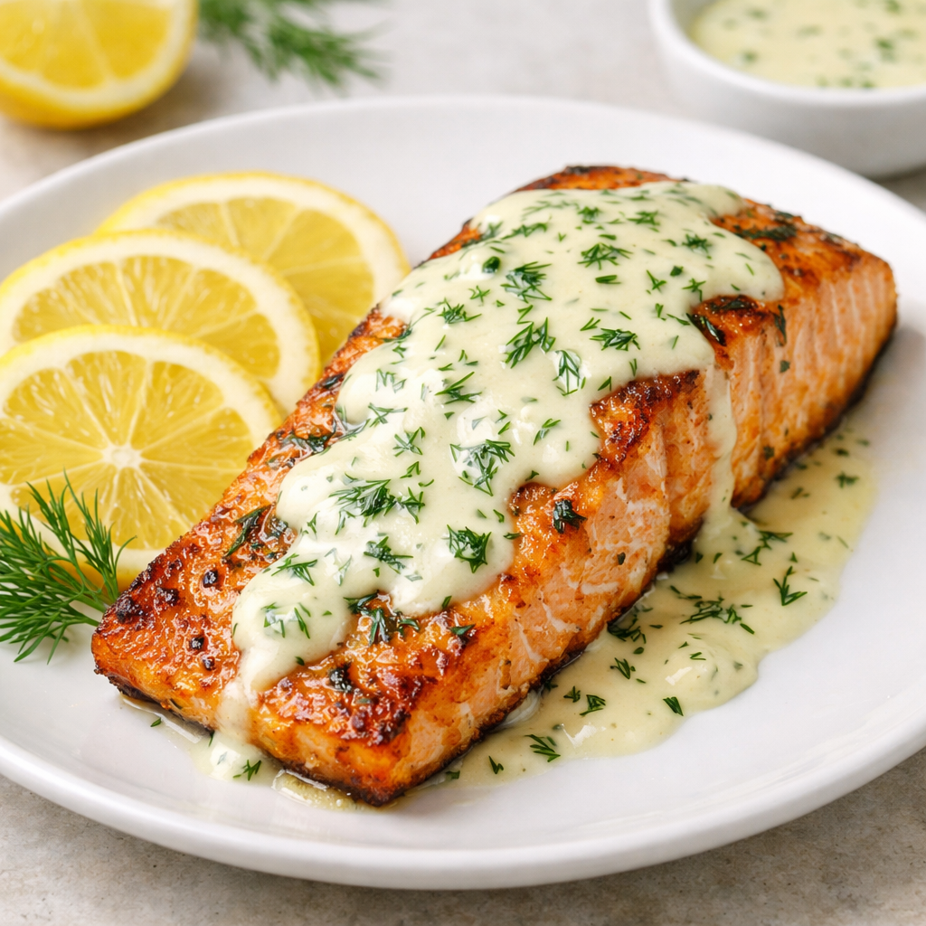 Air fryer salmon with lemon dill sauce served with lemon slices.