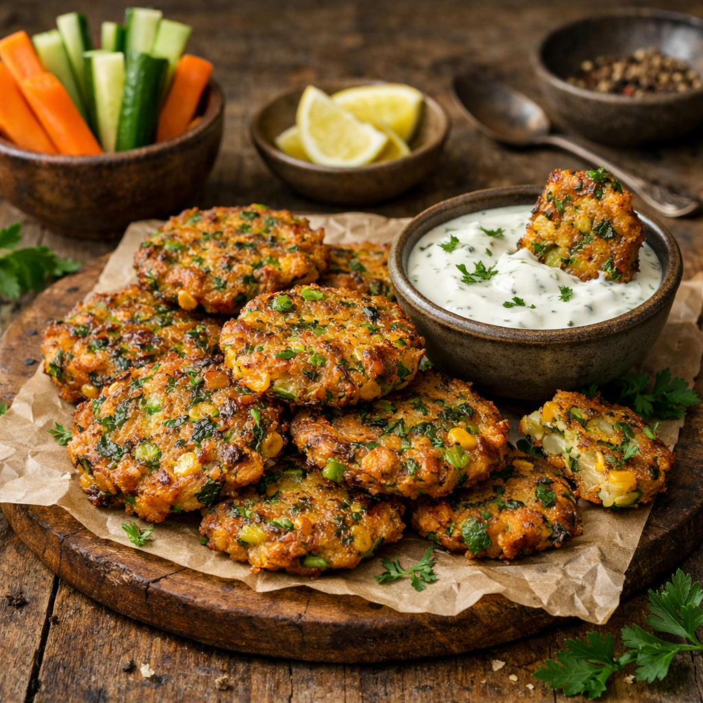 Crispy vegetable fritters served with a yogurt dip and fresh veggies