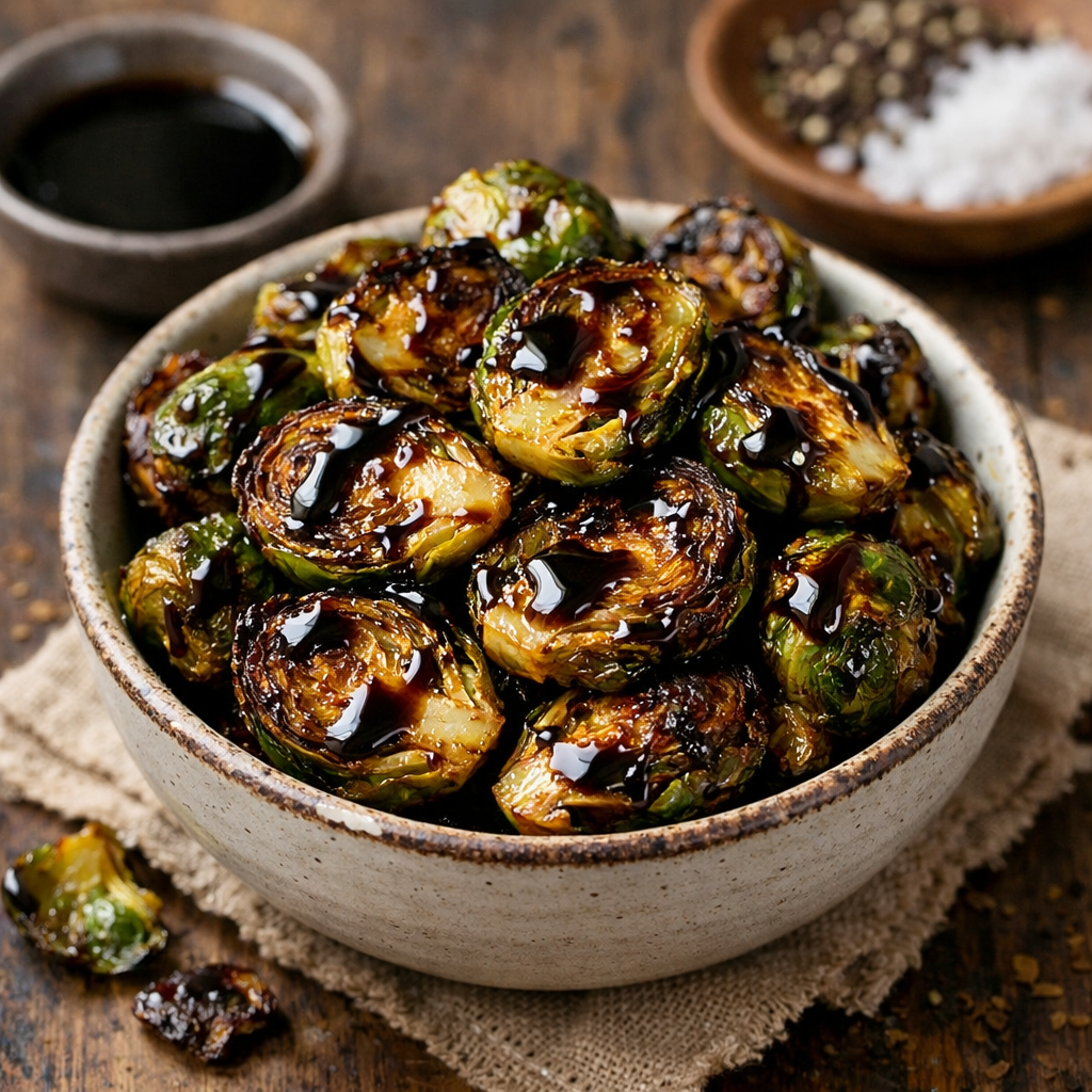 A bowl of crispy Brussels sprouts drizzled with balsamic glaze, surrounded by bowls of seasoning.
