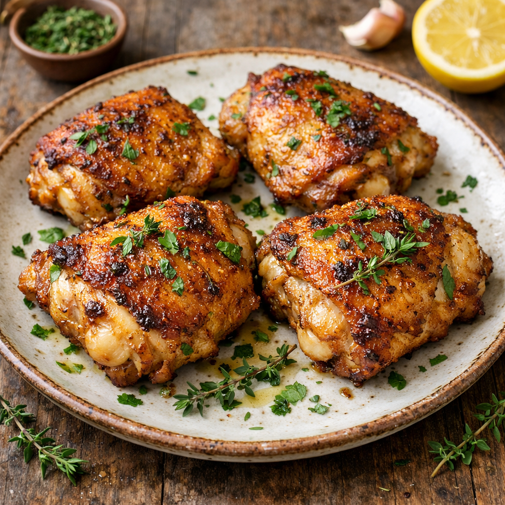 Plate of crispy air fryer chicken thighs garnished with herbs