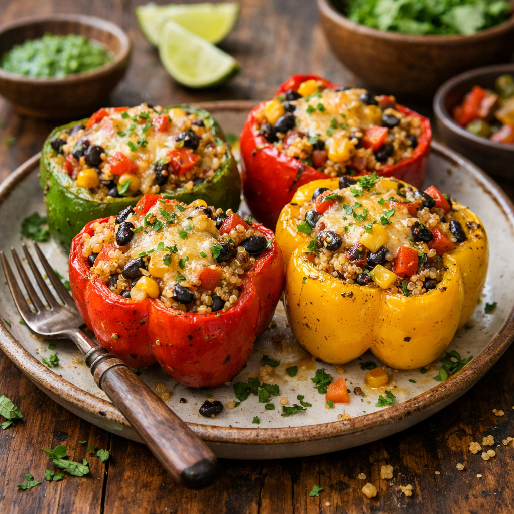 Colorful stuffed bell peppers filled with quinoa, black beans, corn, and cheese.