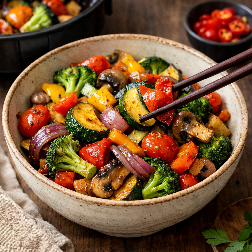 A vibrant bowl of vegetable medley stir-fry featuring colorful bell peppers, broccoli, zucchini, cherry tomatoes, mushrooms, and red onion.