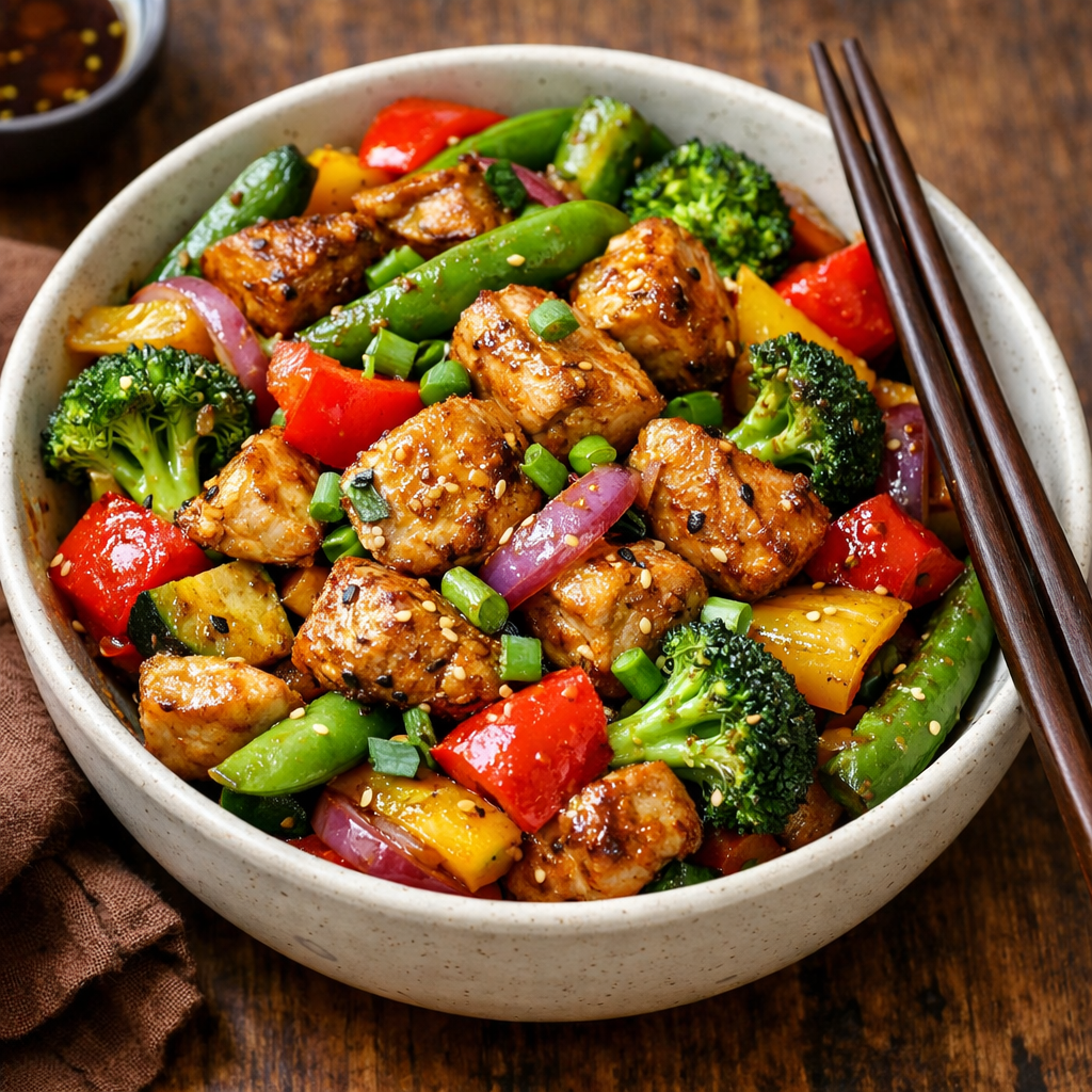 A colorful bowl of chicken and vegetable stir-fry with broccoli, bell peppers, and snap peas, garnished with sesame seeds and green onions.