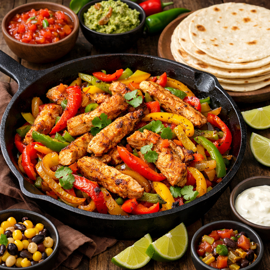 A delicious plate of chicken fajitas with colorful peppers and tortillas, ready to be served.