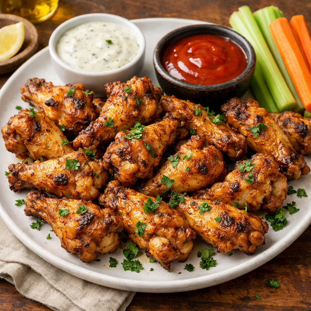 Plate of crispy air fryer chicken wings served with dipping sauces and celery