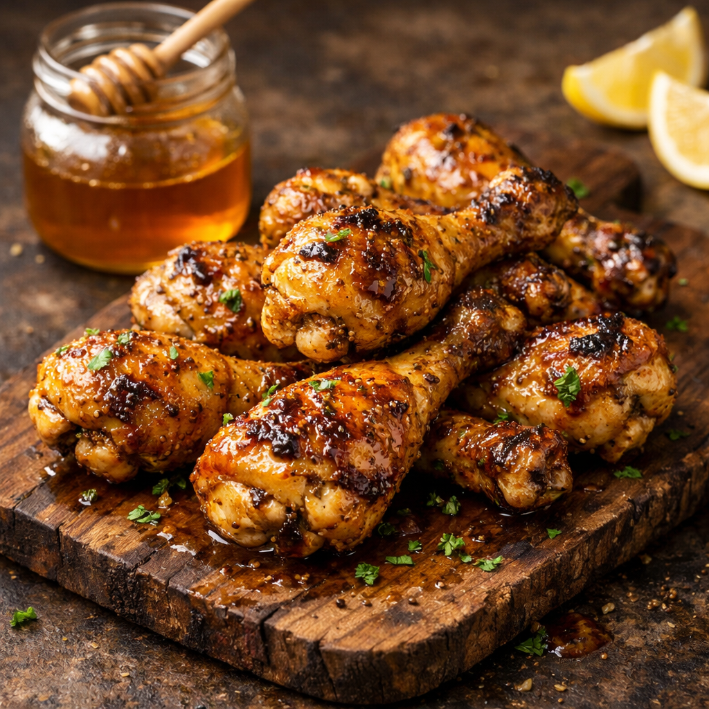 Golden honey mustard glazed chicken drumsticks on a wooden board with honey jar and lemon slices