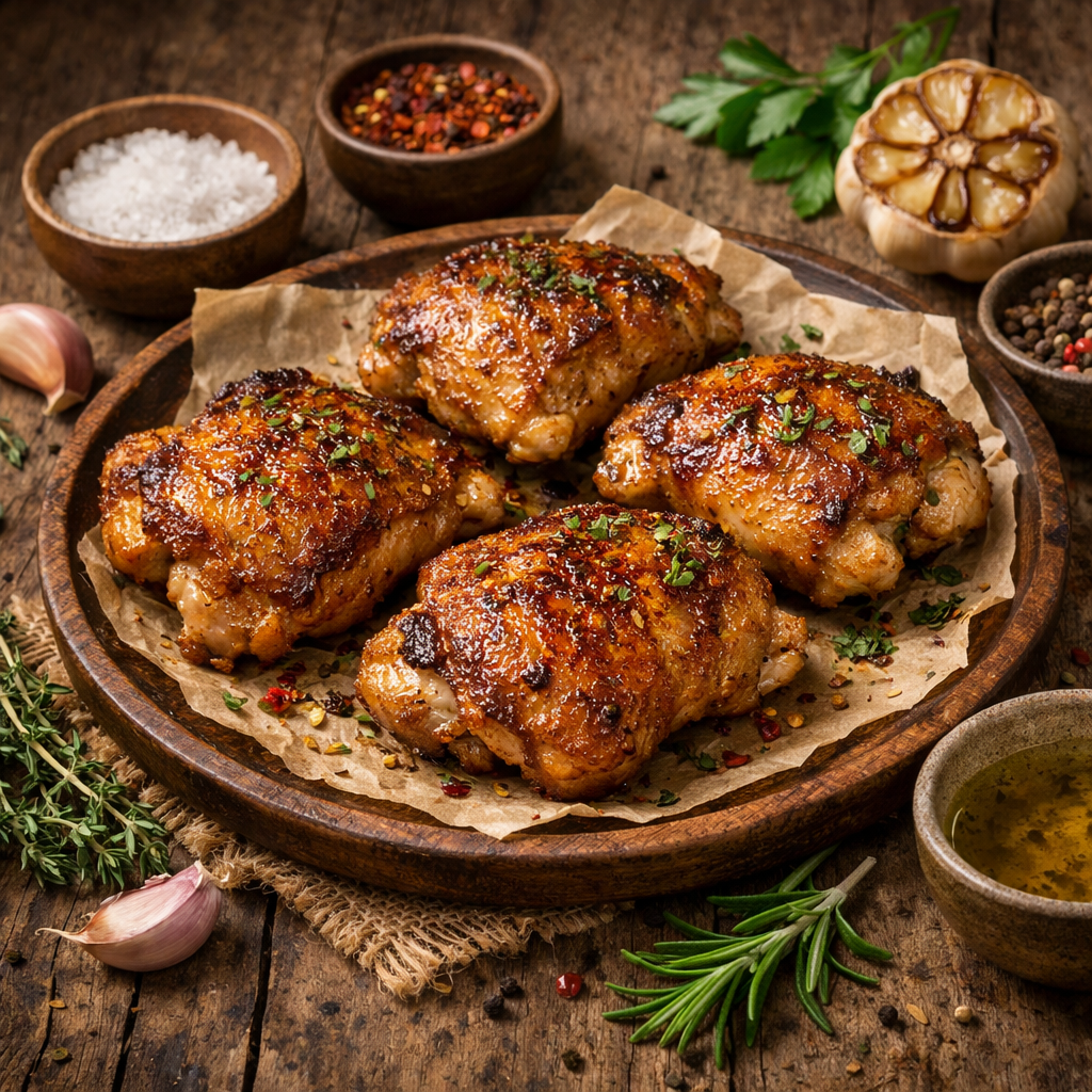 Juicy air fryer chicken thighs garnished with herbs on a wooden plate