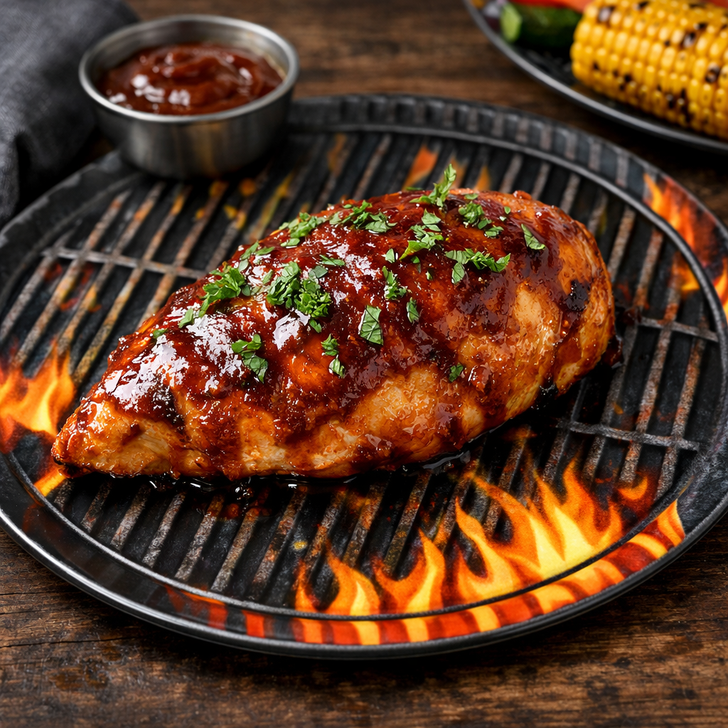 Air fryer chicken breast glazed with BBQ sauce, garnished with parsley on a grill-patterned plate, with a bowl of BBQ sauce in the background.