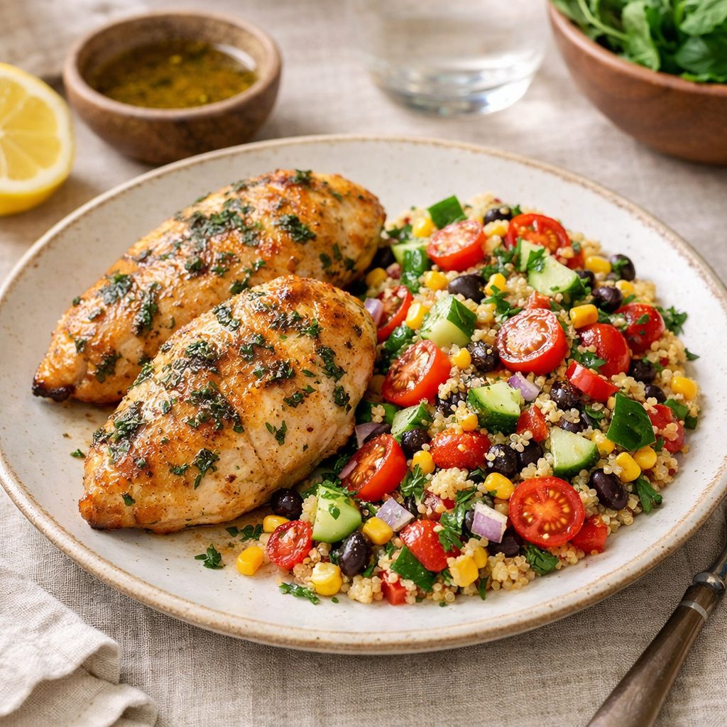 An appetizing plate with herbed air fried chicken breast and a colorful quinoa salad.