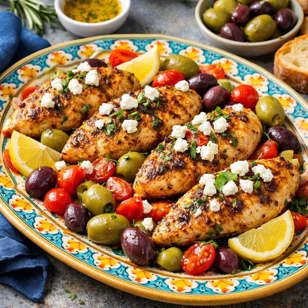 Mediterranean air fryer chicken breast with olives, tomatoes, and feta cheese