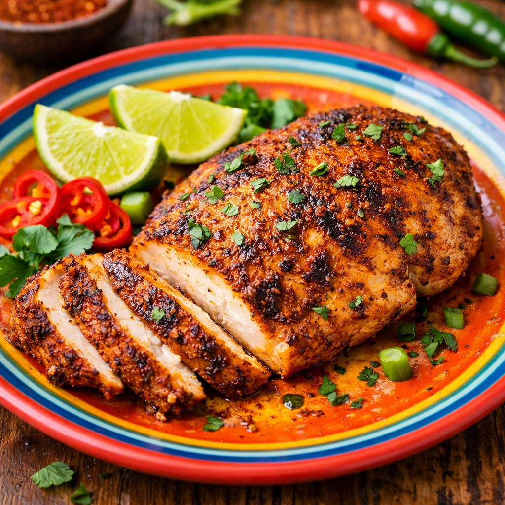 Deliciously seasoned Spicy Cajun Air Fryer Chicken Breast served with lime and fresh herbs on a colorful plate