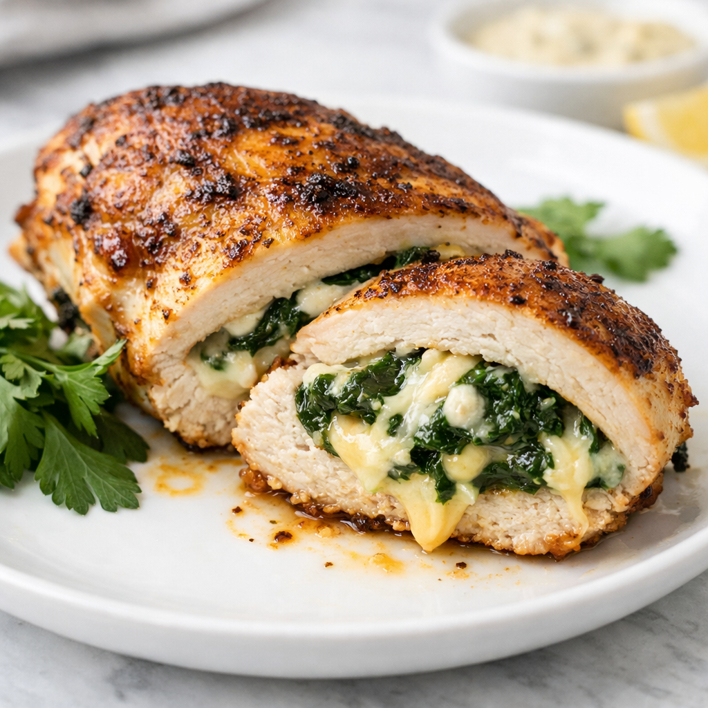 Stuffed chicken breast with spinach and cheese, sliced open to show creamy filling.
