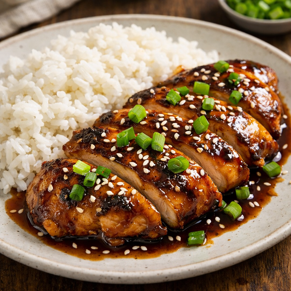 Teriyaki chicken breast served with rice, garnished with sesame seeds and green onions.