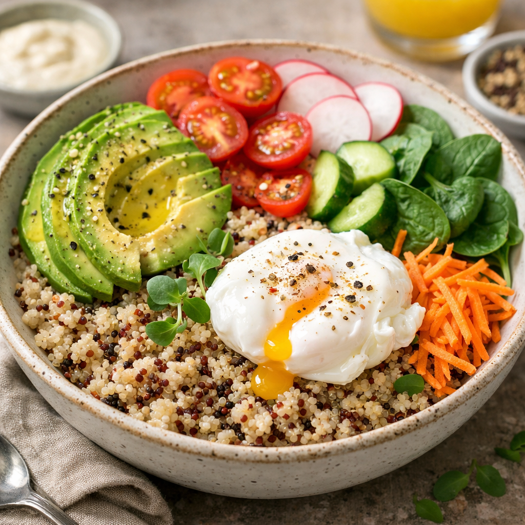A healthy and colorful breakfast quinoa bowl with avocado, cherry tomatoes, cucumber, spinach, grated carrot, and a poached egg on a bed of quinoa.