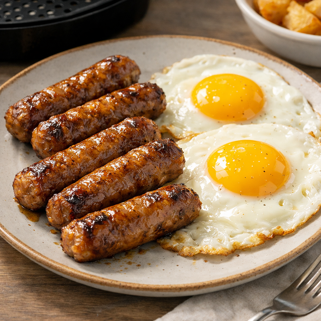 Deliciously cooked air fryer breakfast sausage links and fried eggs on a plate.
