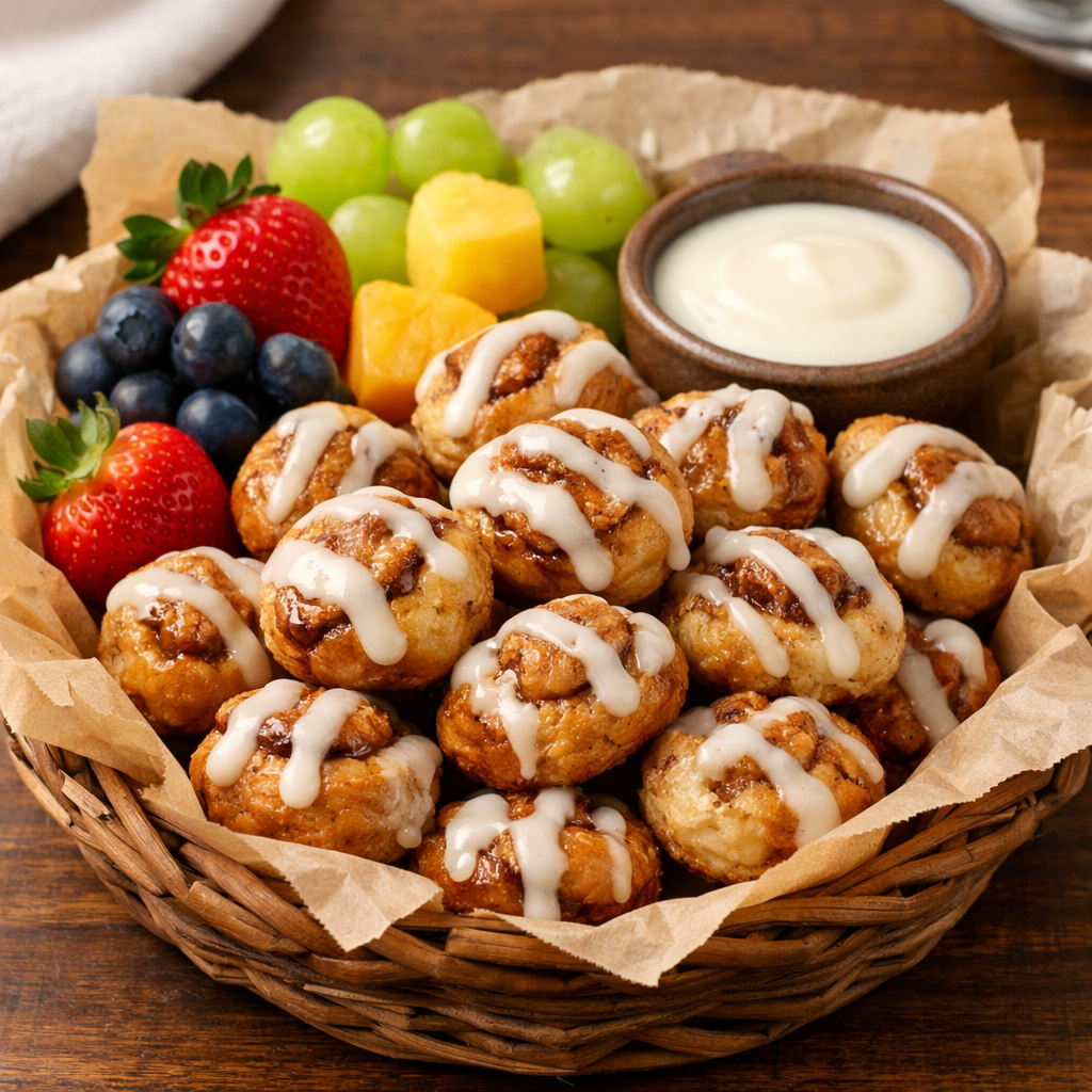 Air fryer cinnamon roll bites served with fresh fruits and icing