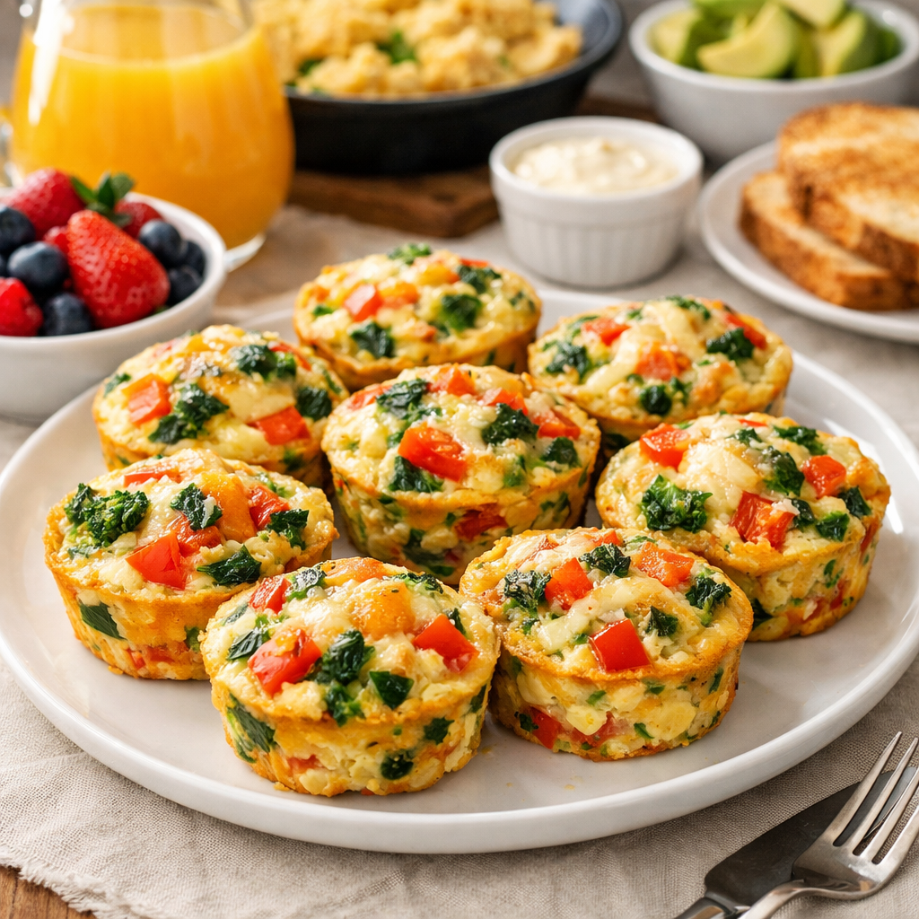 Plate of colorful air fryer egg muffins surrounded by fresh fruits and toast