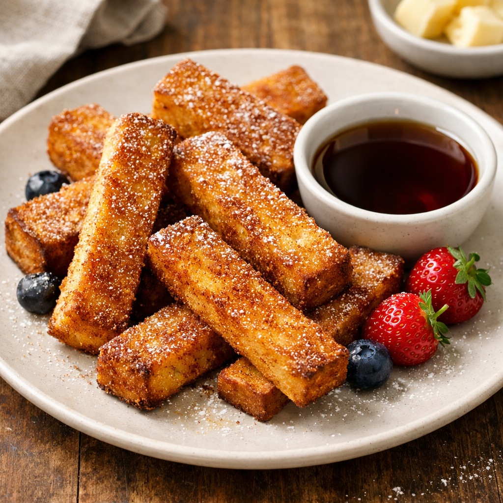 Delicious air fryer French toast sticks served with syrup and fresh berries.