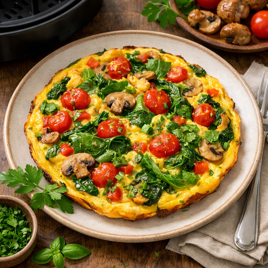 A colorful veggie omelette with cherry tomatoes, spinach, and mushrooms on a plate, served with fresh herbs.