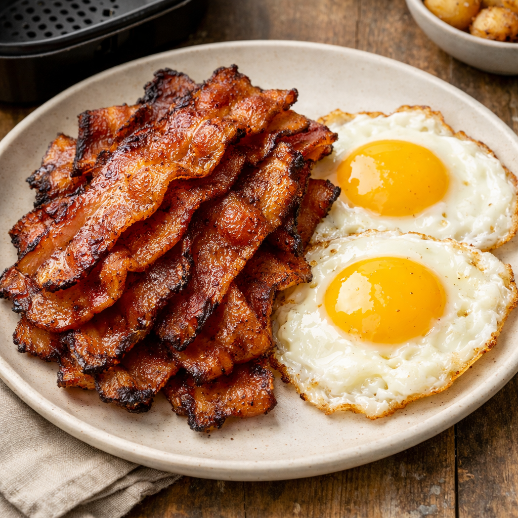 A plate of crispy air fryer bacon next to sunny-side-up eggs.