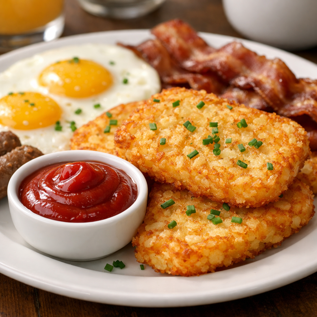 Crispy air fryer hash browns served with eggs, bacon, and ketchup.