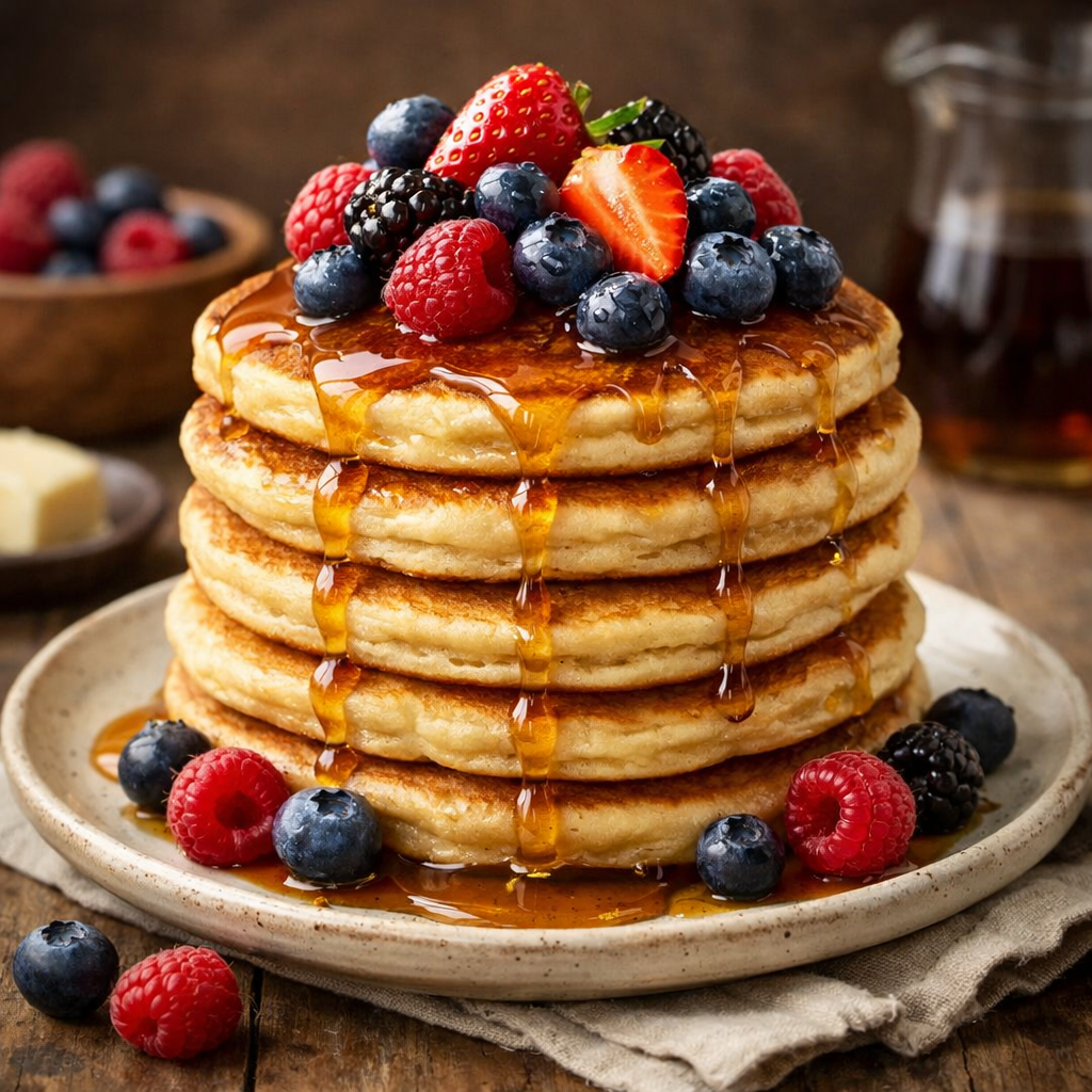 Stack of fluffy pancakes topped with fresh berries and maple syrup