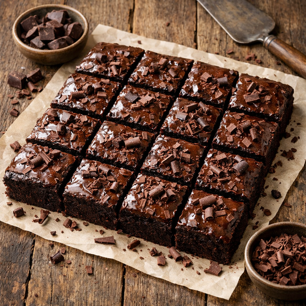 Delicious air fryer brownies cut into squares with chocolate shavings on top