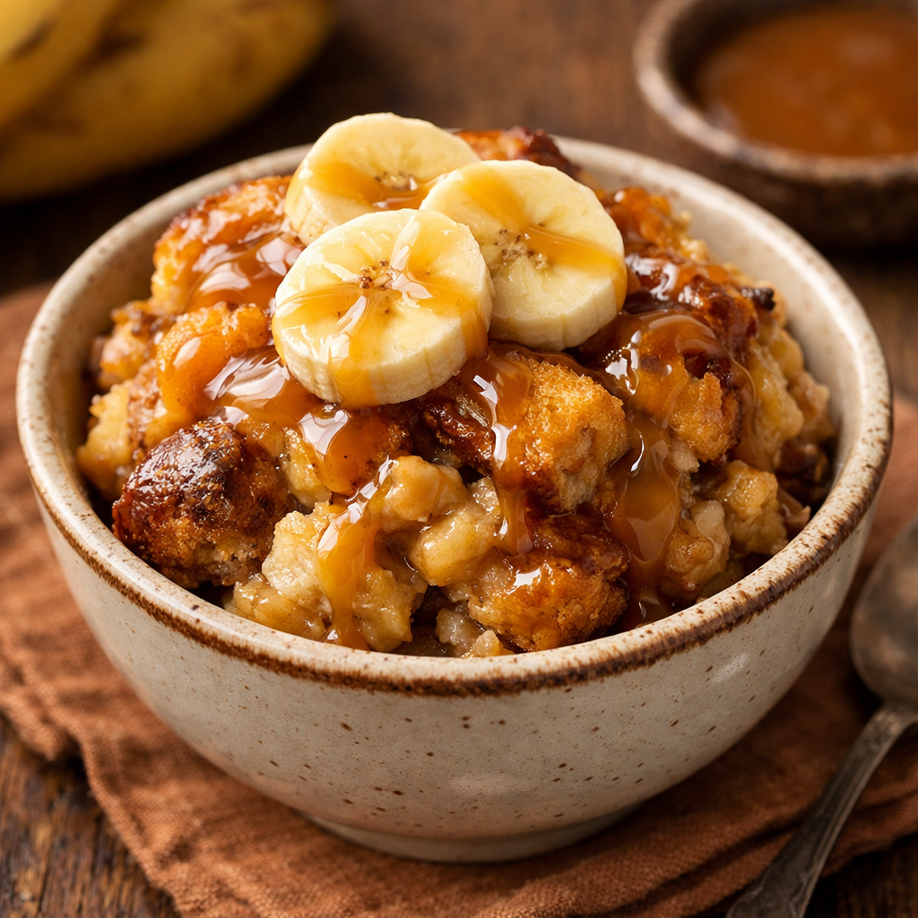 A delicious serving of banana bread pudding garnished with banana slices and caramel sauce in a rustic bowl