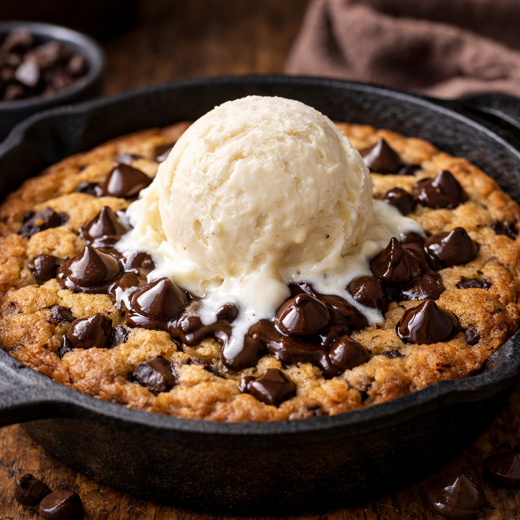 Chocolate chip cookie skillet topped with a scoop of ice cream