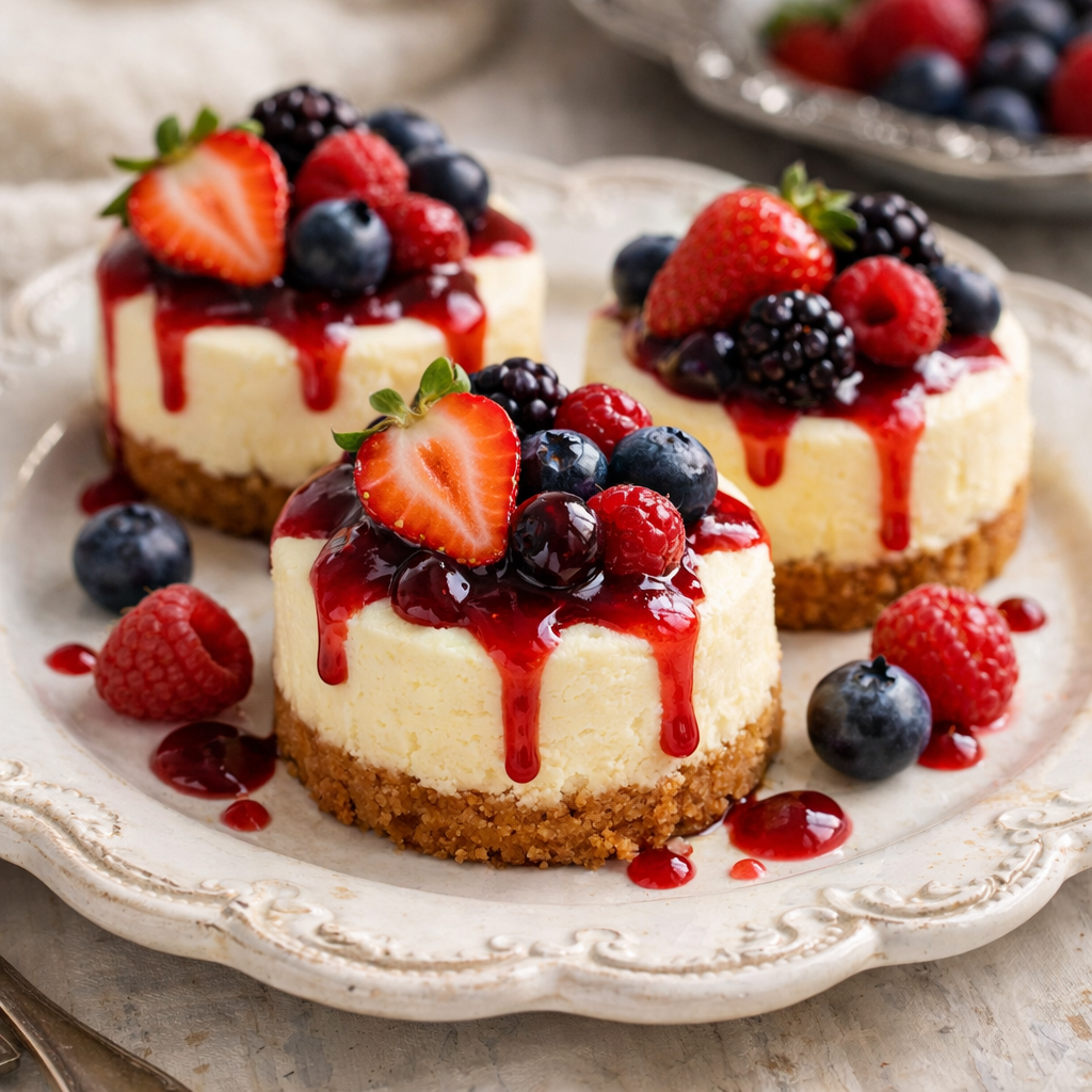 Mini cheesecakes topped with fresh berries on a decorative plate.